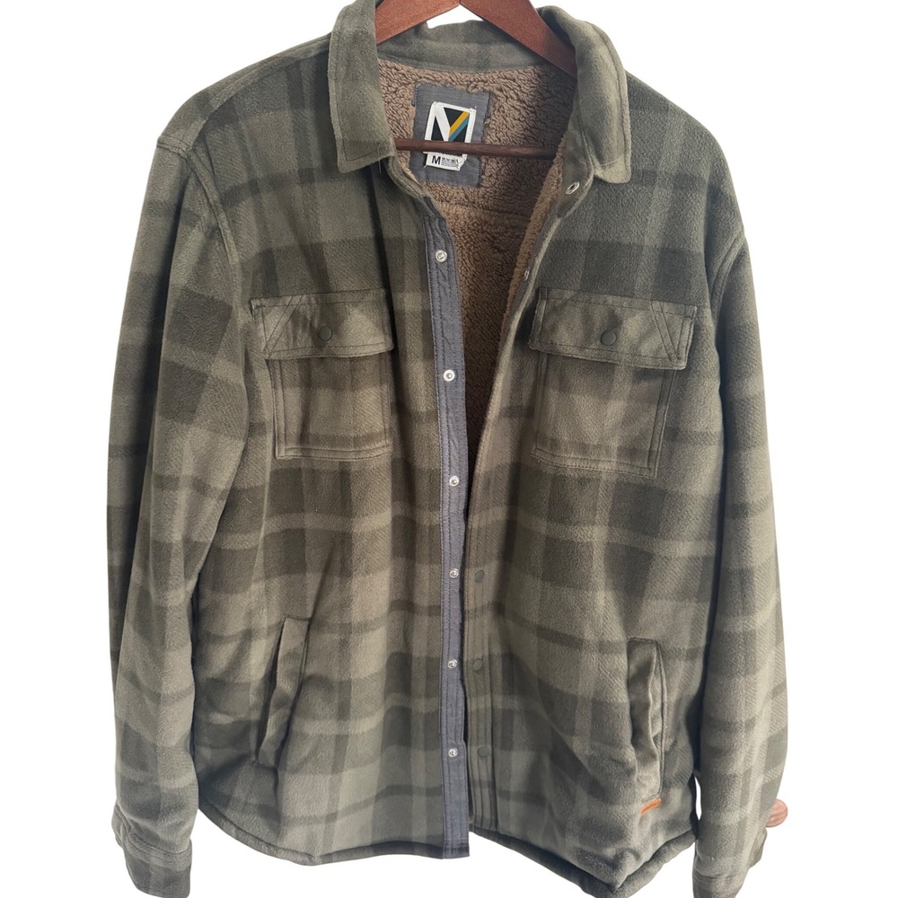 Voyager Mens Plaid Fleece Sherpa Lined Shirt Jacket Olive Green Grey Size Medium